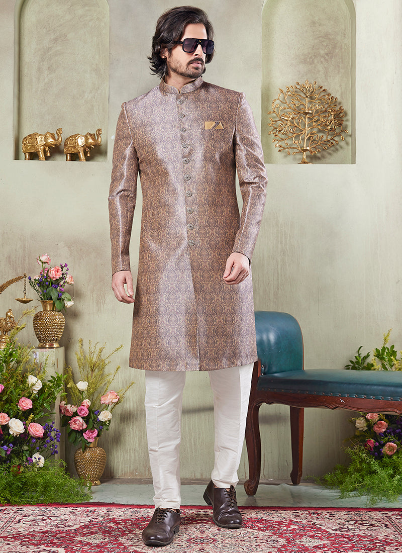 Art Silk Multi Color Wedding Wear Print On Computer Thread Work Readymade Sherwani