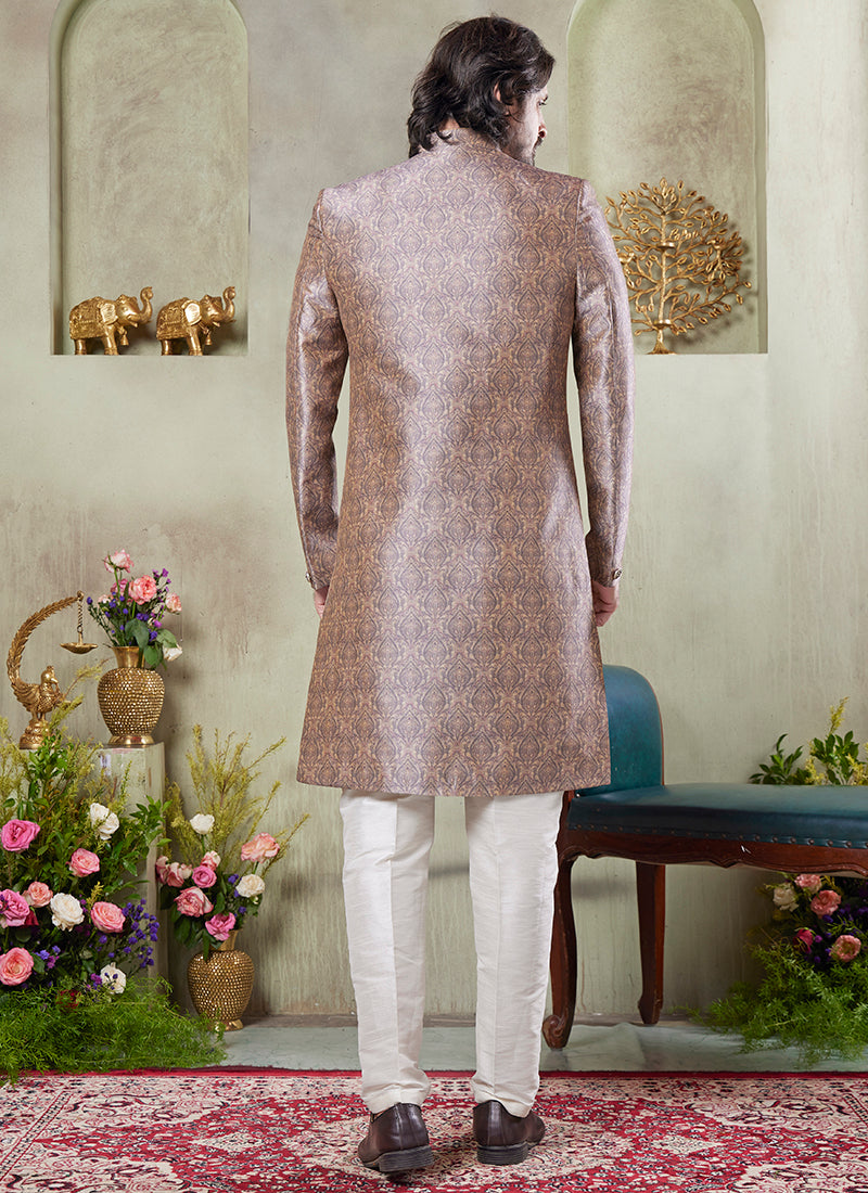 Art Silk Multi Color Wedding Wear Print On Computer Thread Work Readymade Sherwani