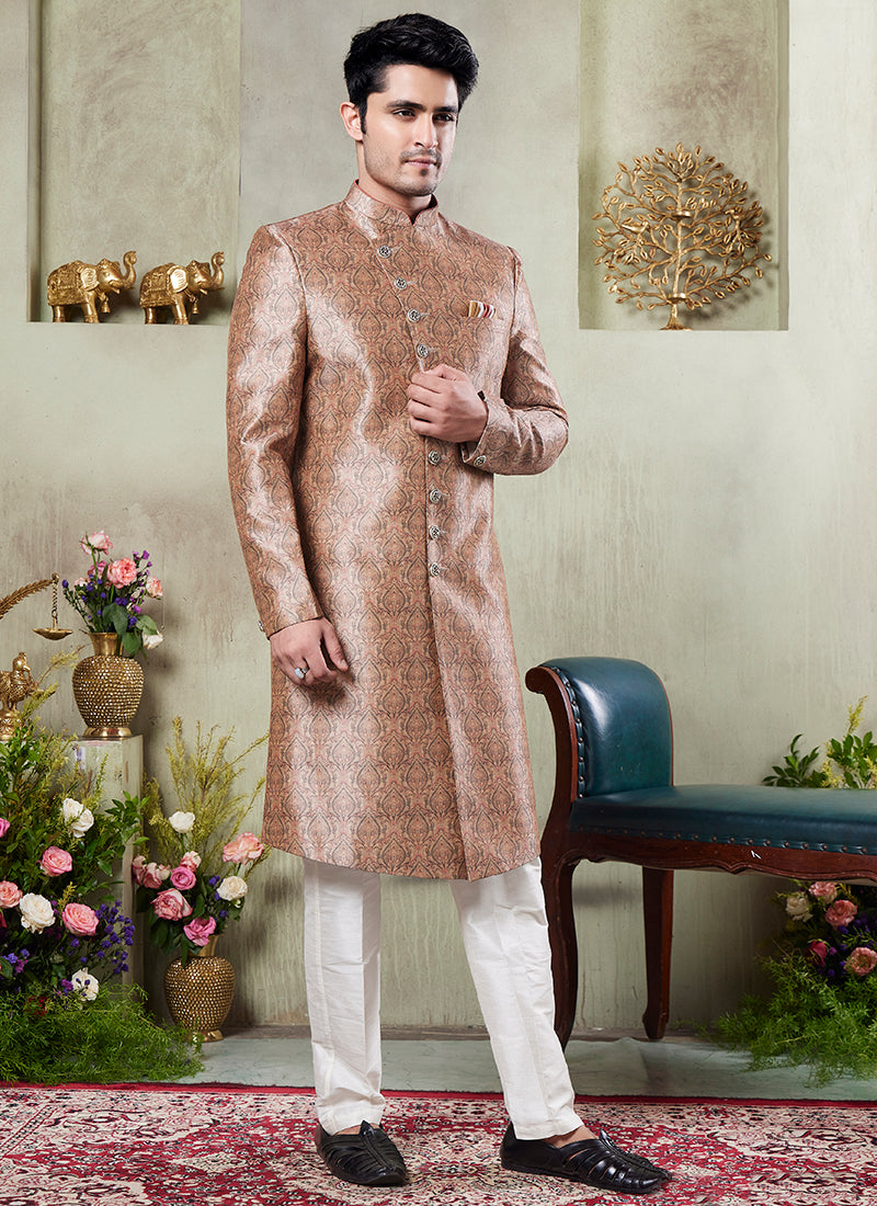 Art Silk Multi Color Wedding Wear Print On Computer Thread Work Readymade Sherwani