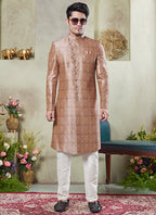 Art Silk Multi Color Wedding Wear Print On Computer Thread Work Readymade Sherwani