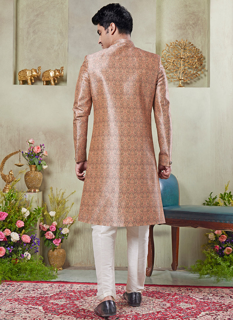 Art Silk Multi Color Wedding Wear Print On Computer Thread Work Readymade Sherwani