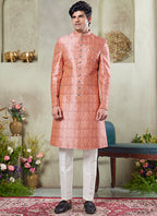 Art Silk Multi Color Wedding Wear Print On Computer Thread Work Readymade Sherwani