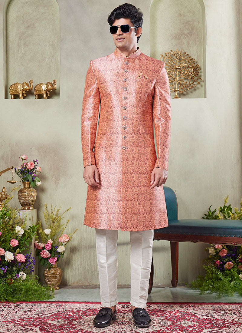 Art Silk Multi Color Wedding Wear Print On Computer Thread Work Readymade Sherwani