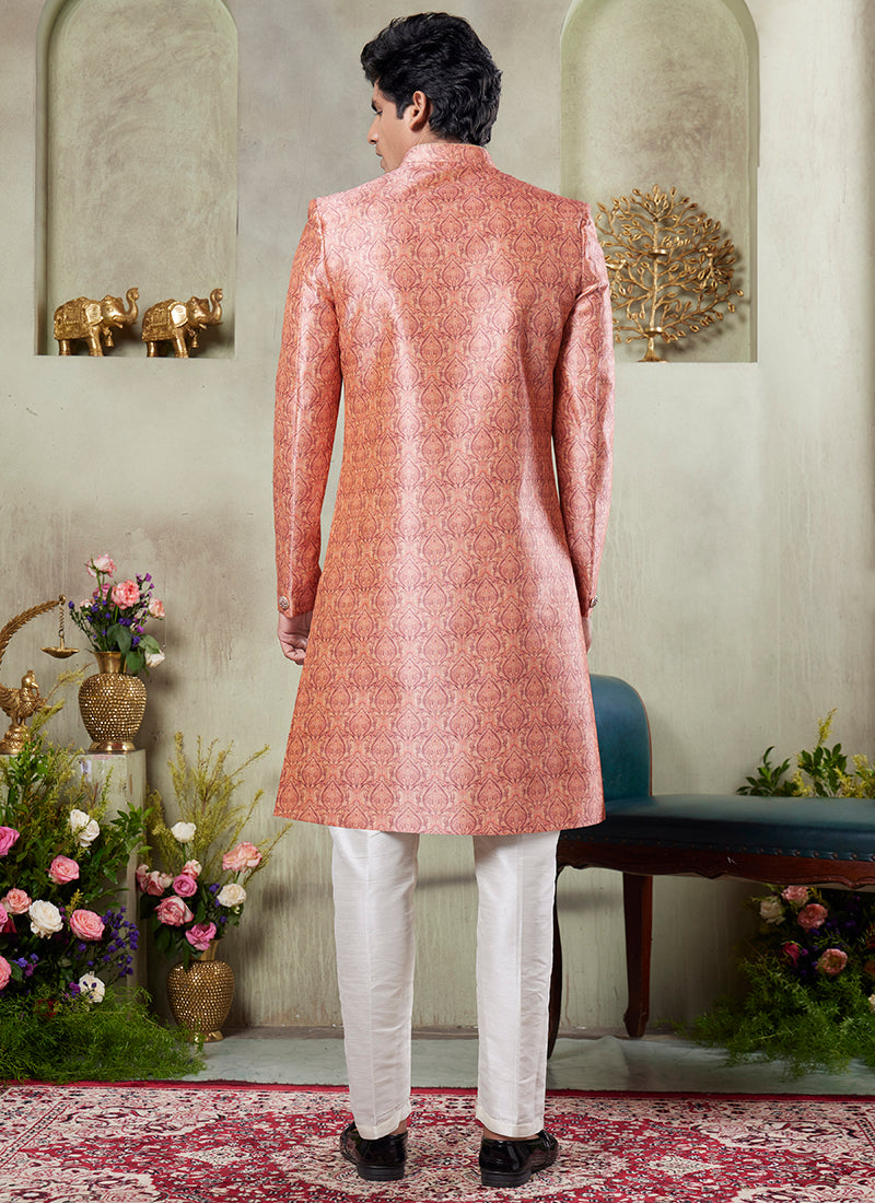 Art Silk Multi Color Wedding Wear Print On Computer Thread Work Readymade Sherwani