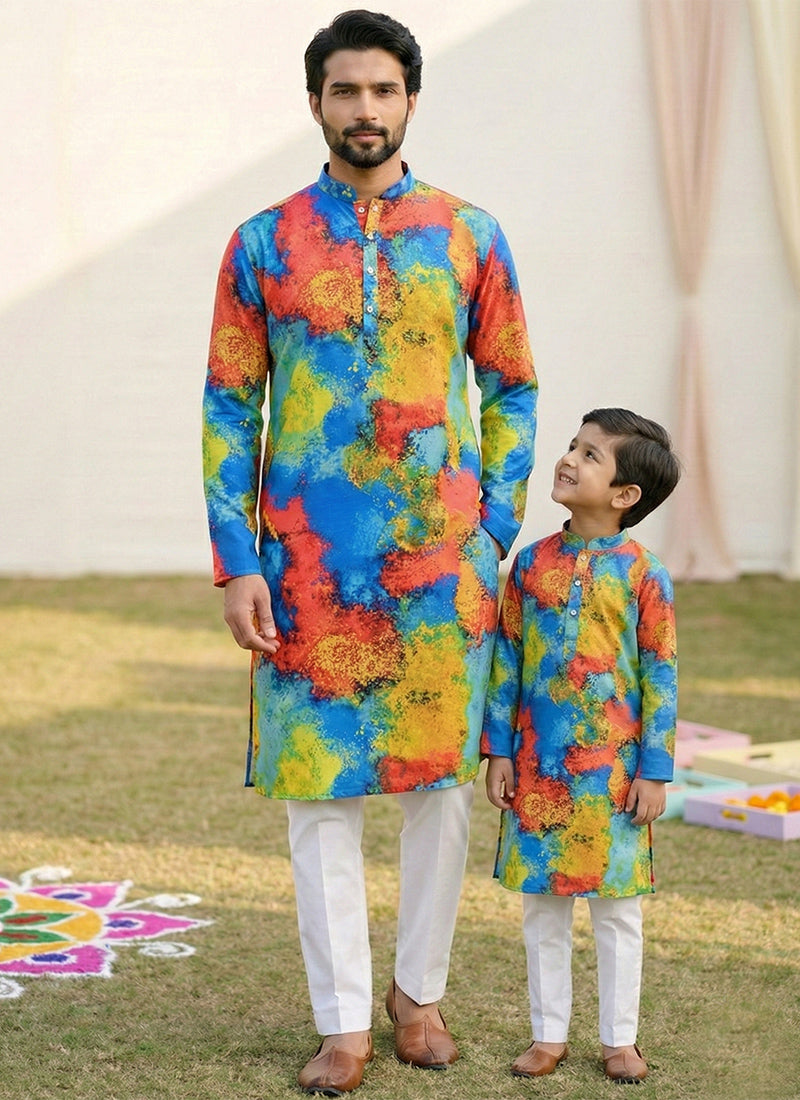Multi Color Cotton Digital Print Work Festival Wear Readymade Kurta Pajama SW483604