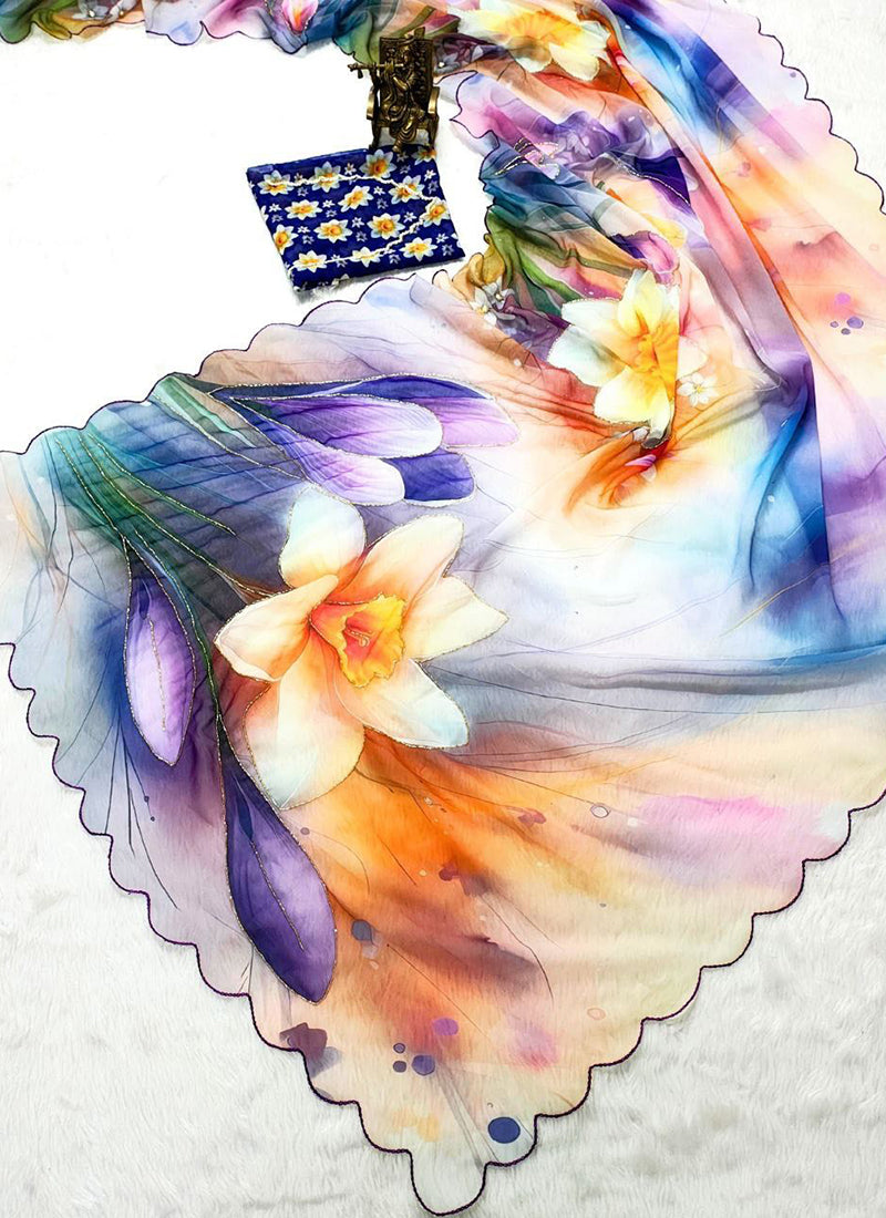 Georgette Multi Color Designer Wear Digital Print Work Saree