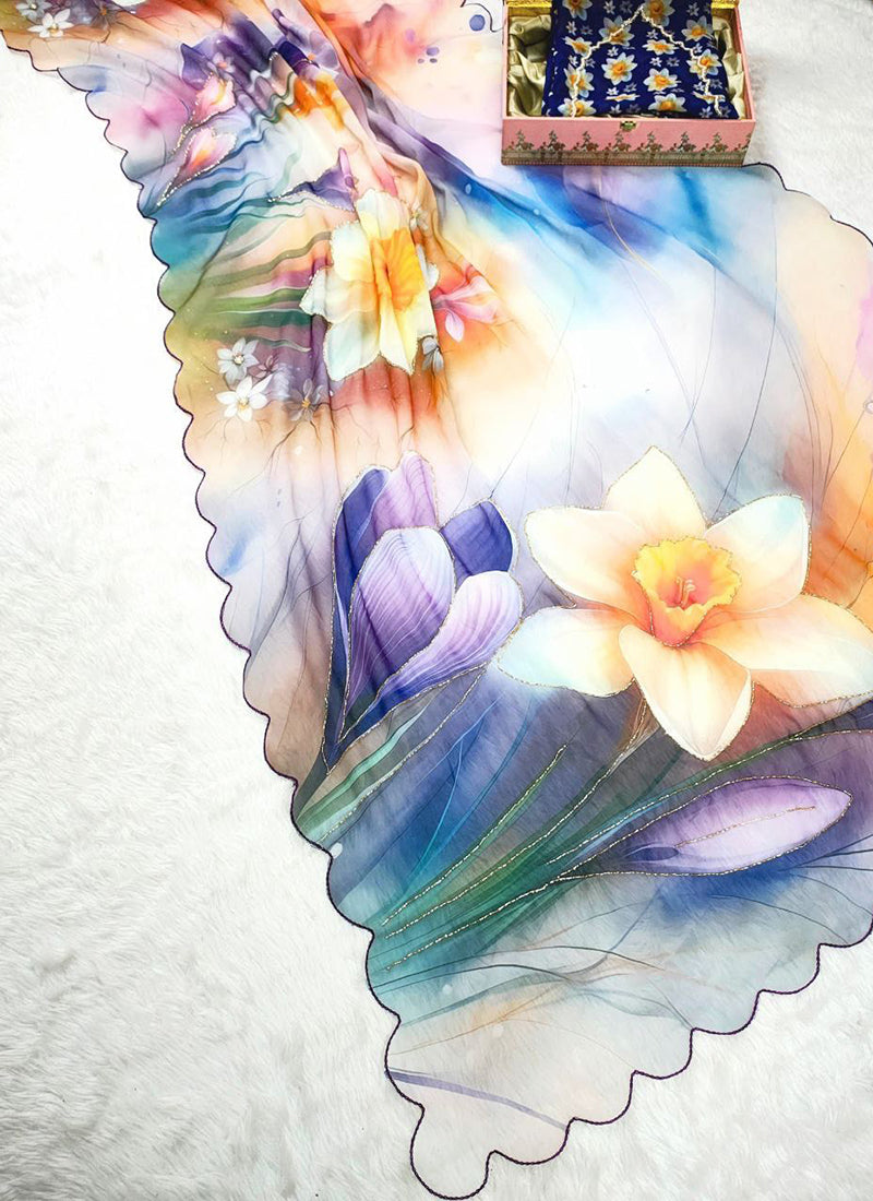 Georgette Multi Color Designer Wear Digital Print Work Saree