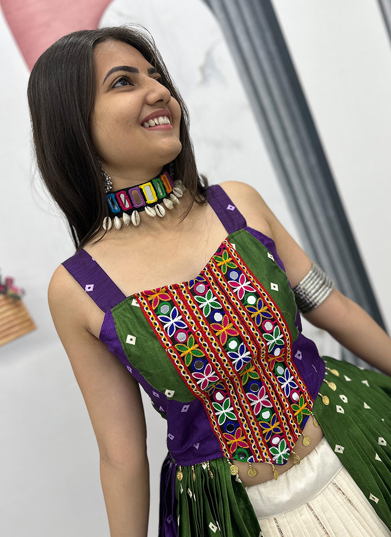 Khadi Cotton Multi Color Navratri Wear Mirror Work Readymade Lehenga Choli