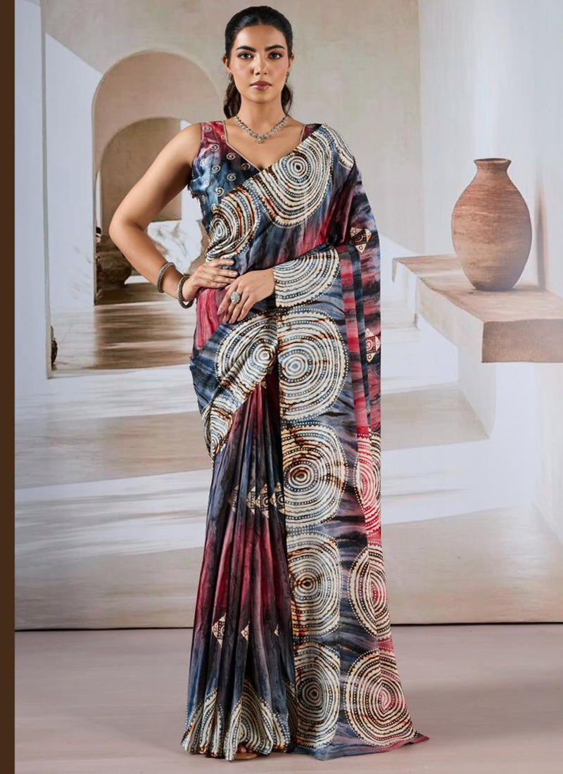 Modal Satin Multi Color Festival Wear Printed Work Saree 388785