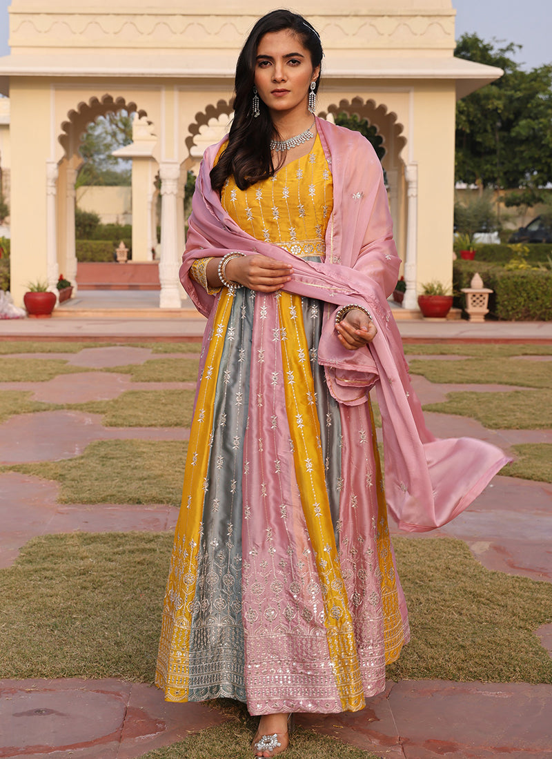 Multi Color Rangoli Silk Sequins Work Festival Wear Gown With Dupatta SW151566