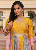 Multi Color Rangoli Silk Sequins Work Festival Wear Gown With Dupatta SW151566