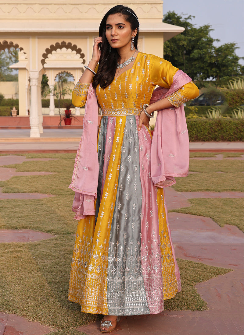 Multi Color Rangoli Silk Sequins Work Festival Wear Gown With Dupatta SW151566