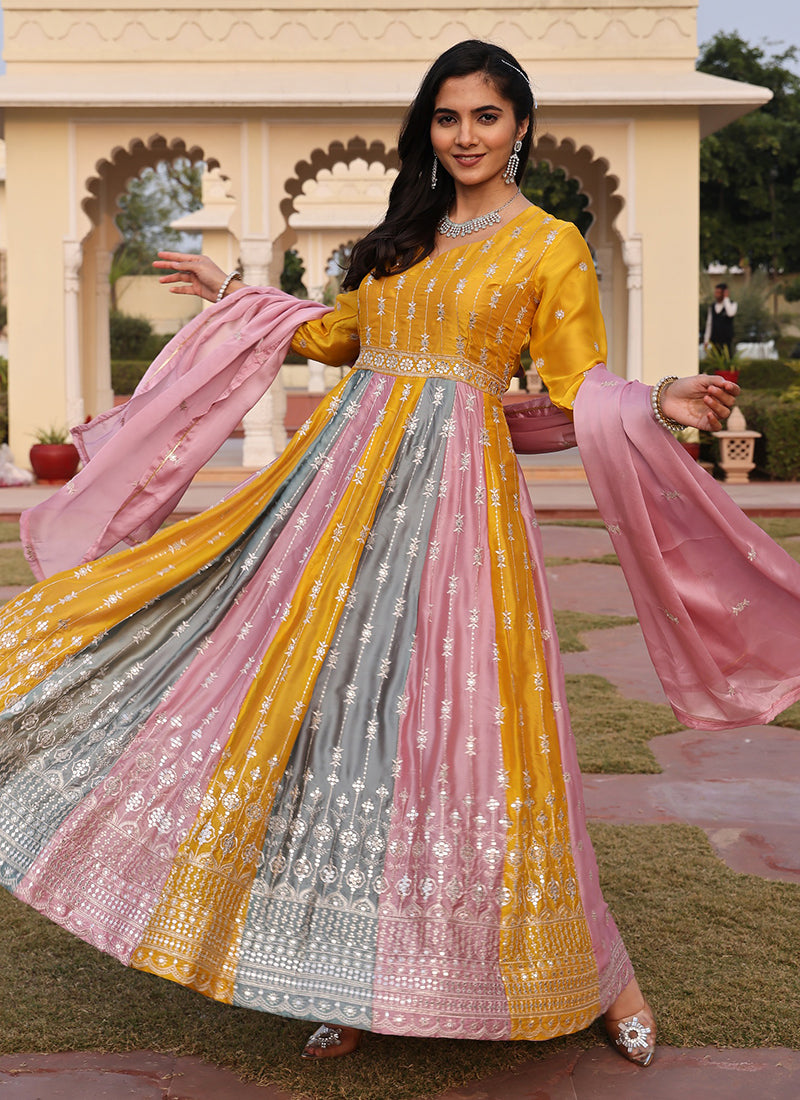 Multi Color Rangoli Silk Sequins Work Festival Wear Gown With Dupatta SW151566