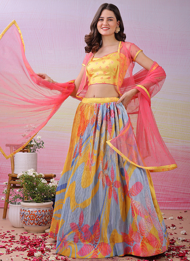 Satin Silk Multi Color Festival Wear Printed Work Lehenga Choli