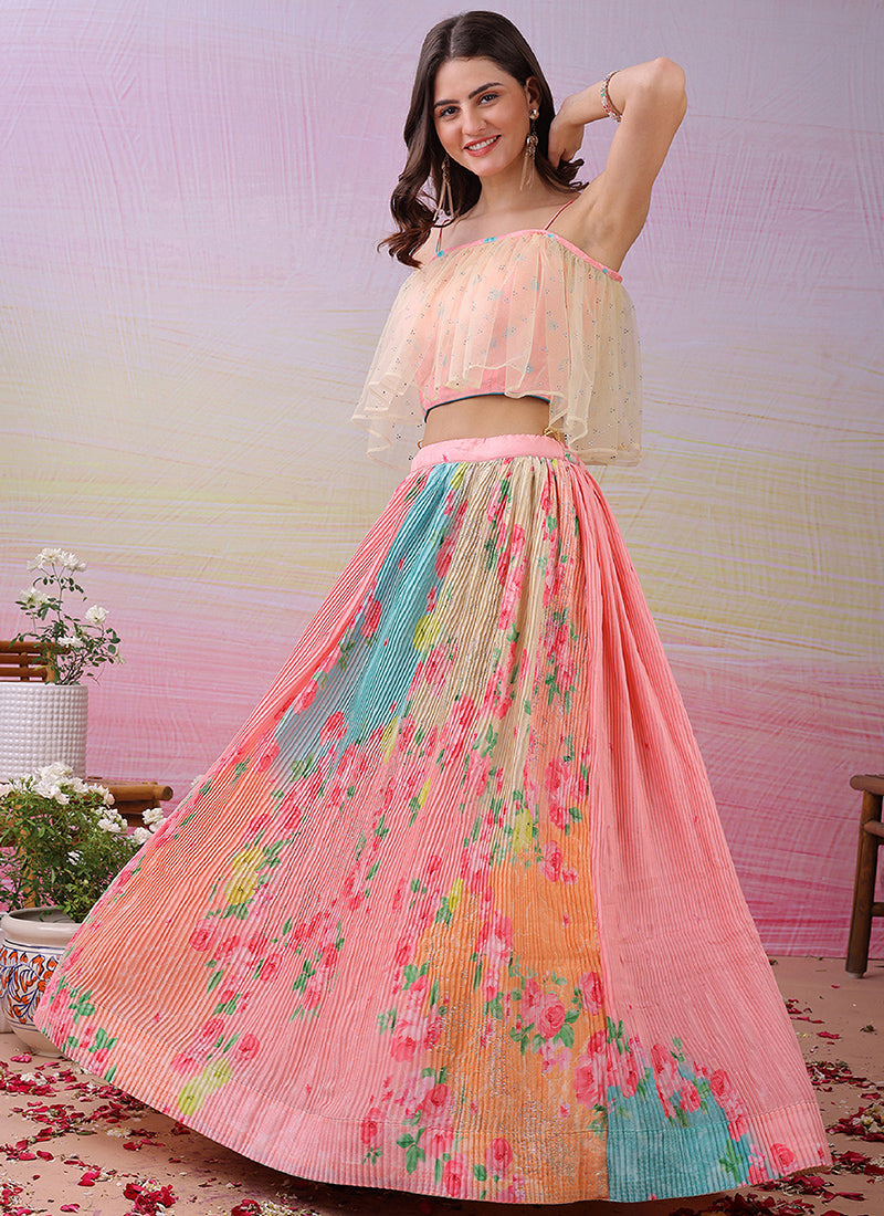 Satin Silk Multi Color Festival Wear Printed Work Lehenga Choli