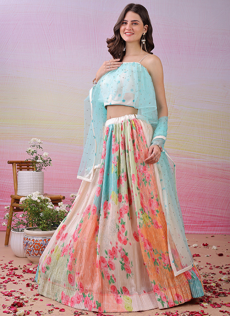 Satin Silk Multi Color Festival Wear Printed Work Lehenga Choli