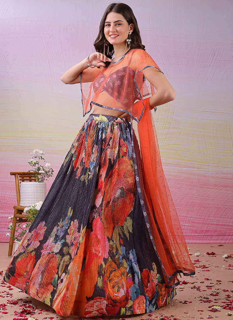 Satin Silk Multi Color Festival Wear Printed Work Lehenga Choli