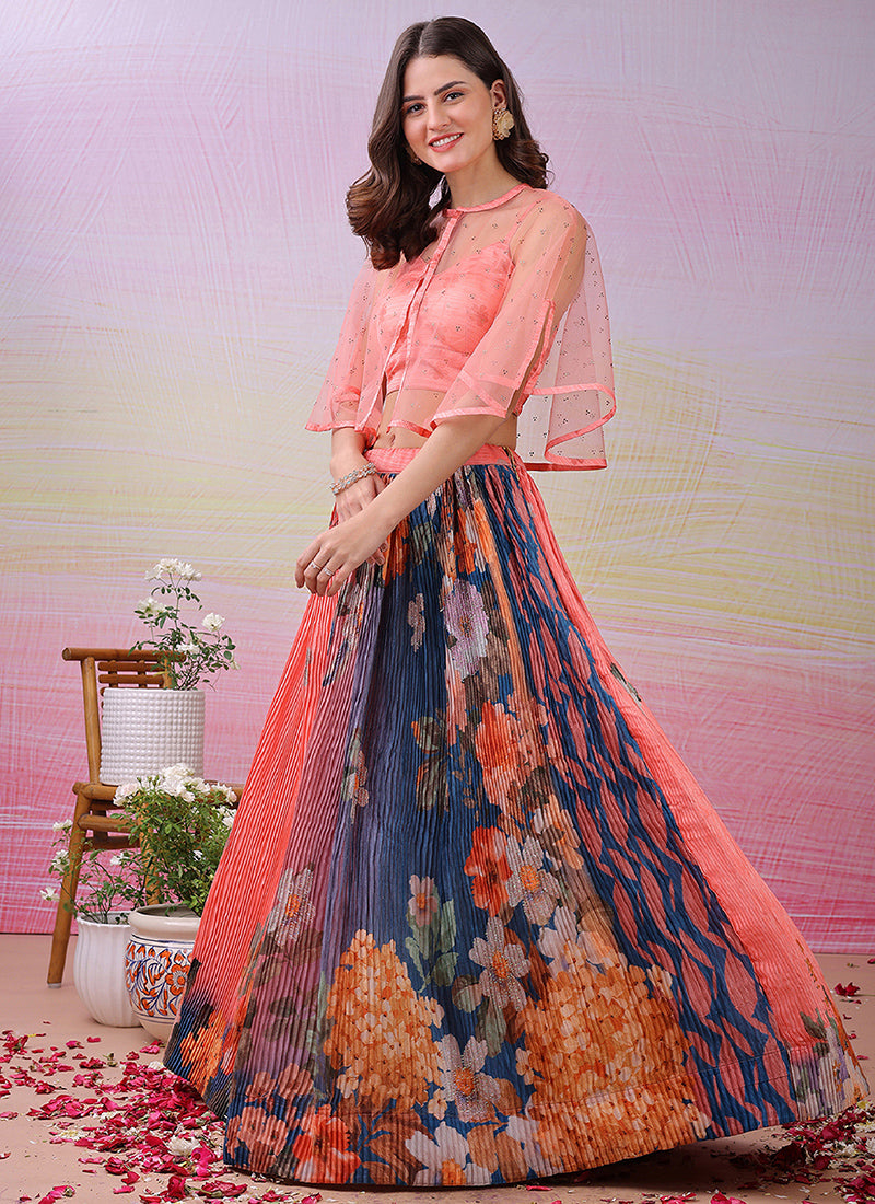 Satin Silk Multi Color Festival Wear Printed Work Lehenga Choli