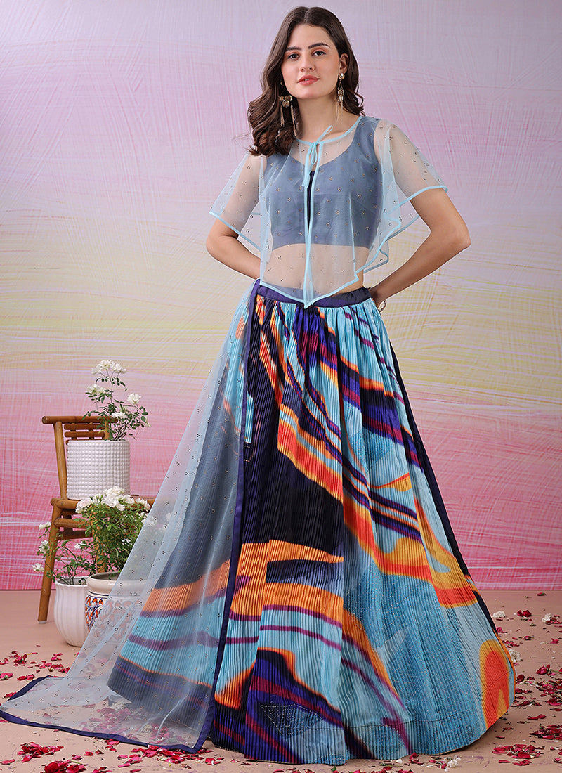 Satin Silk Multi Color Festival Wear Printed Work Lehenga Choli