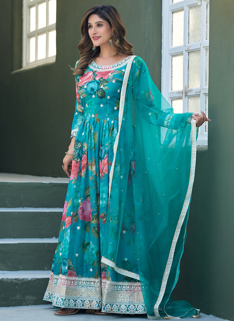 Silk Multi Color Party Wear Embroidery Work Readymade Gown