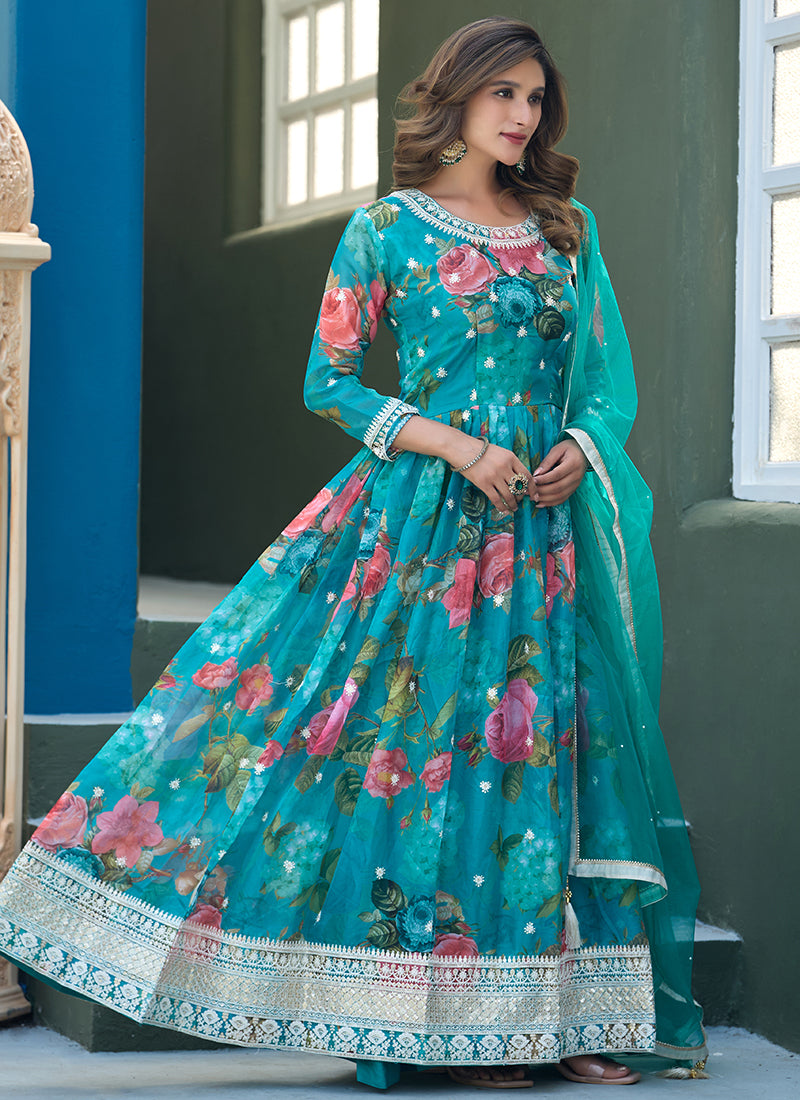 Silk Multi Color Party Wear Embroidery Work Readymade Gown