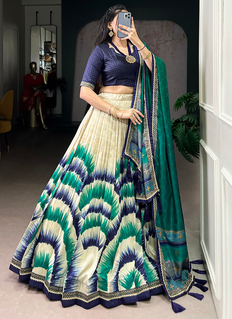 Tussar Silk Multi Color Festival Wear Printed Work Lehenga Choli