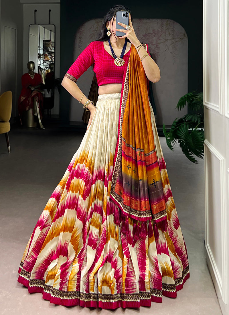 Tussar Silk Multi Color Festival Wear Printed Work Lehenga Choli