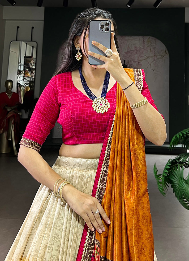 Tussar Silk Multi Color Festival Wear Printed Work Lehenga Choli