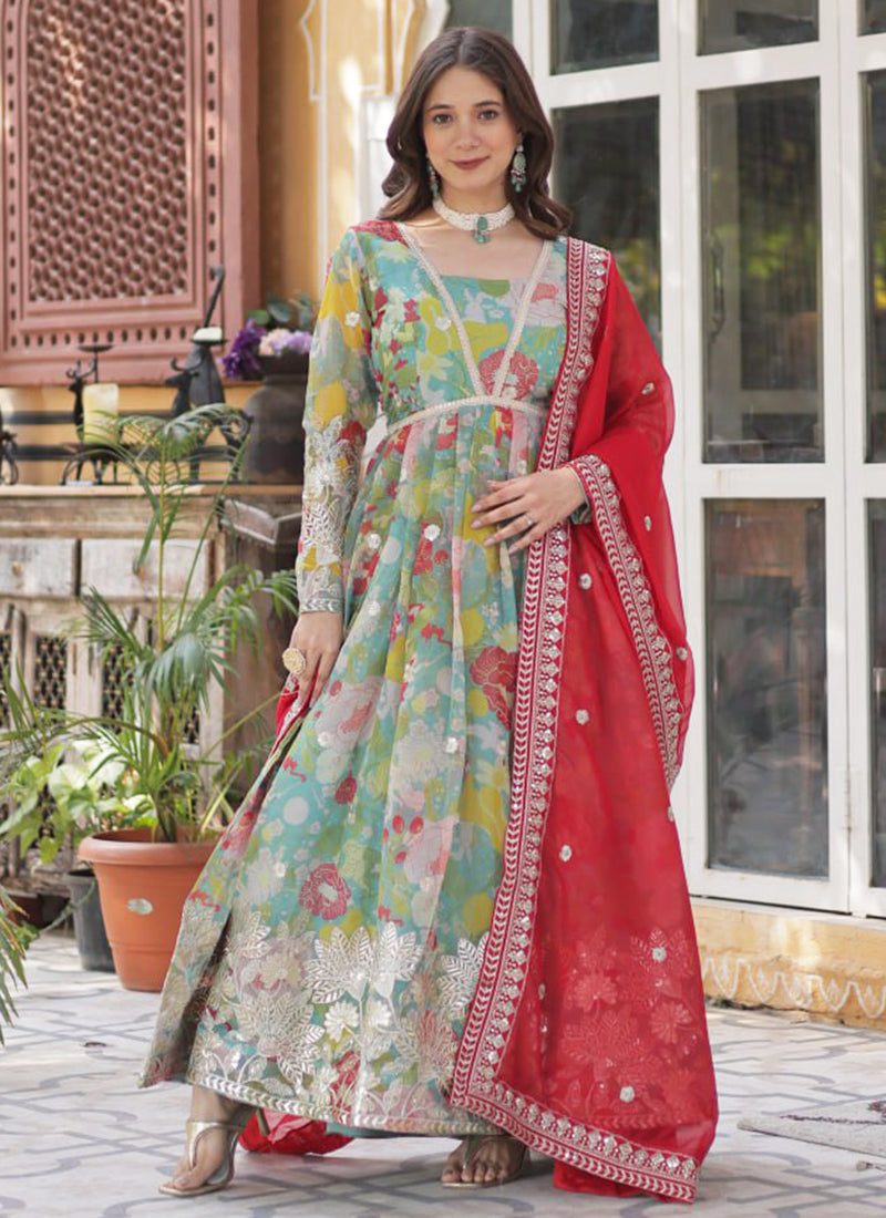 Russian Silk Multi Color Festival Wear Printed Readymade Anarkali Suit