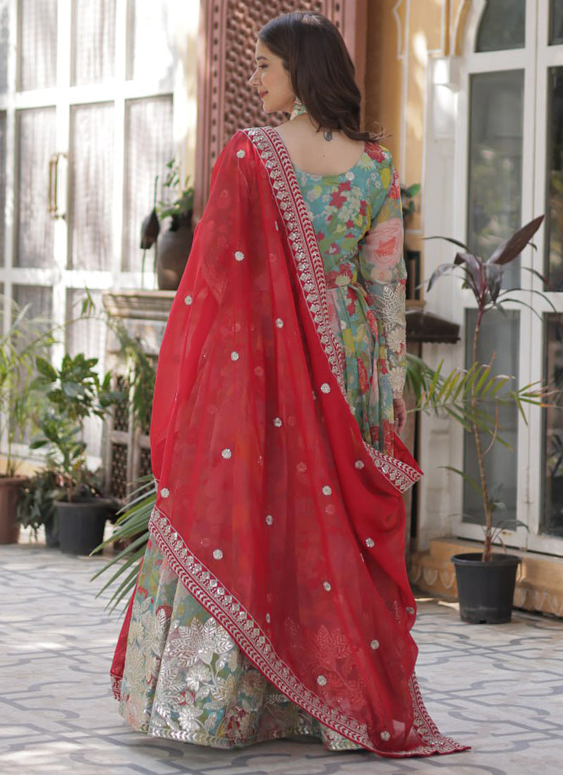 Russian Silk Multi Color Festival Wear Printed Readymade Anarkali Suit