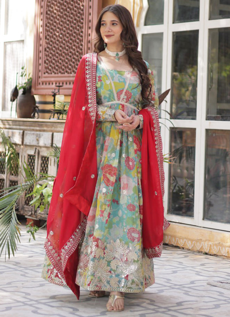 Russian Silk Multi Color Festival Wear Printed Readymade Anarkali Suit