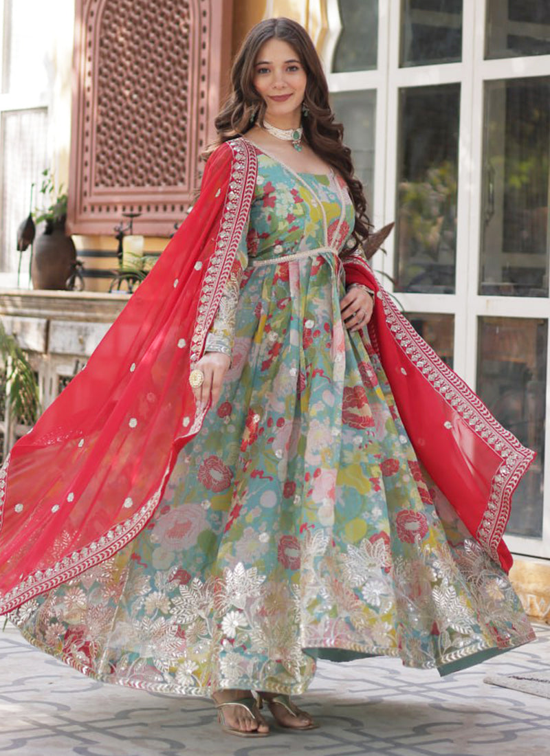 Russian Silk Multi Color Festival Wear Printed Readymade Anarkali Suit