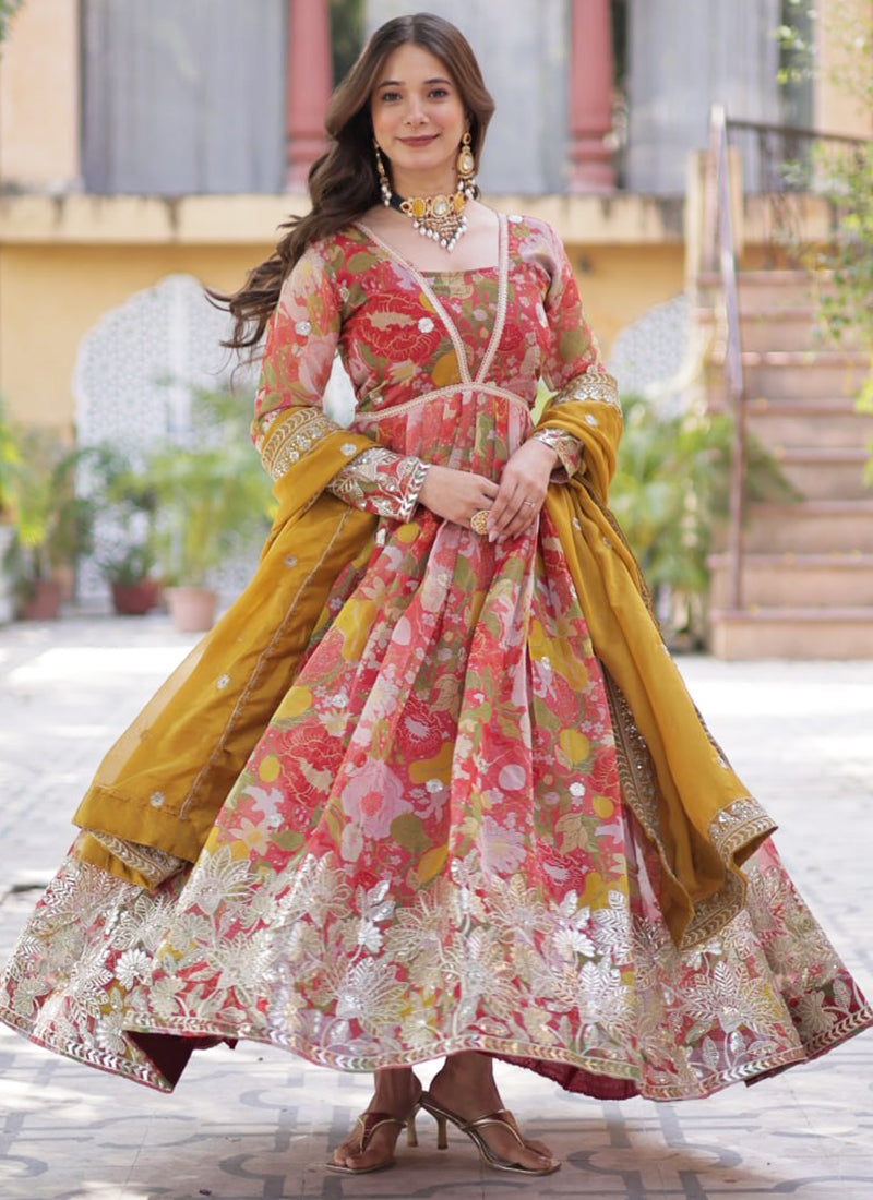 Russian Silk Multi Color Festival Wear Printed Readymade Anarkali Suit