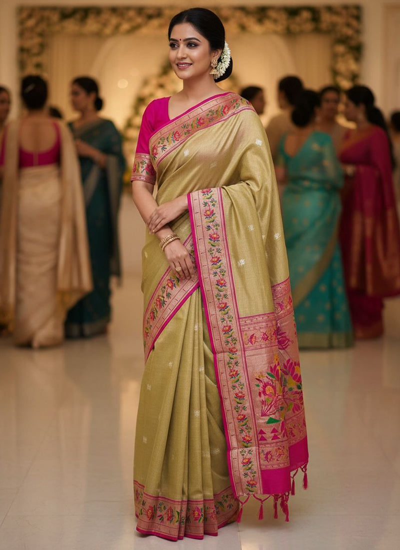 Banarasi Silk Mustard Festival Wear Weaving Work Saree 388866