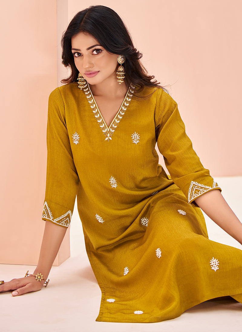 Chinnon Mustard Party Wear Hand Work Readymade Kurti With Pant
