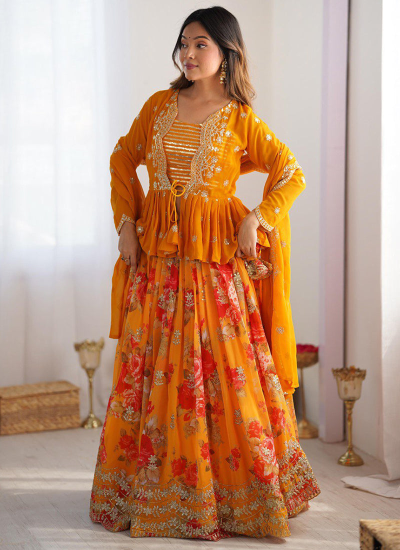 Faux Georgette Mustard Festival Wear Printed Work Readymade Lehenga Choli 388680