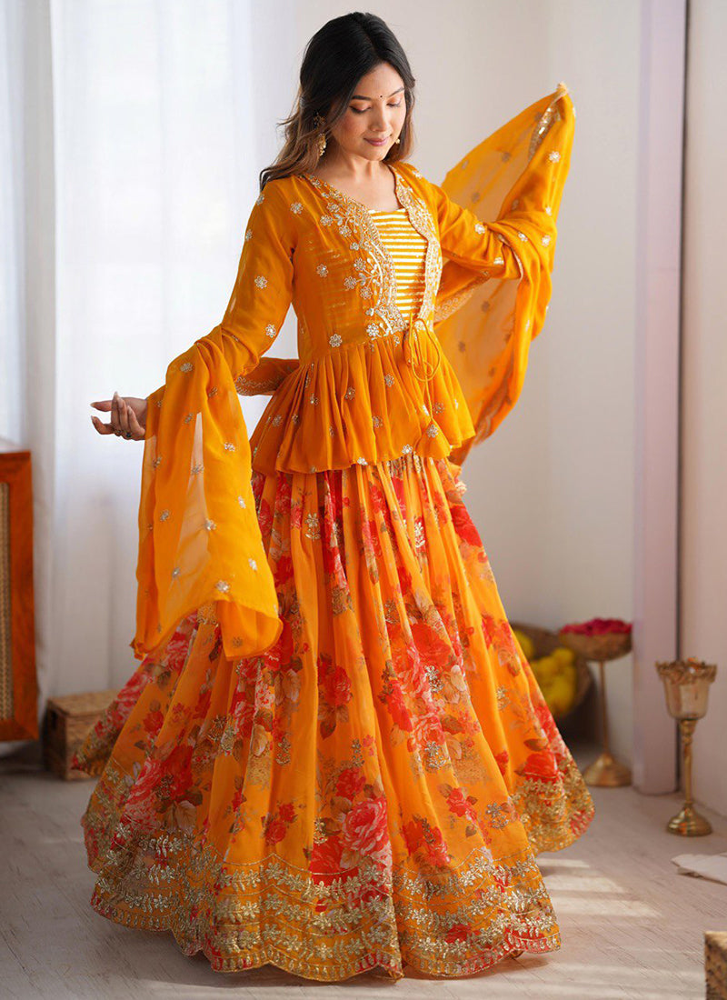 Faux Georgette Mustard Festival Wear Printed Work Readymade Lehenga Choli 388680