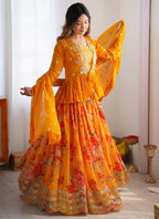 Faux Georgette Mustard Festival Wear Printed Work Readymade Lehenga Choli 388680