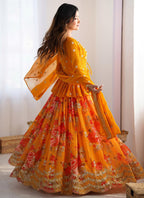Faux Georgette Mustard Festival Wear Printed Work Readymade Lehenga Choli 388680