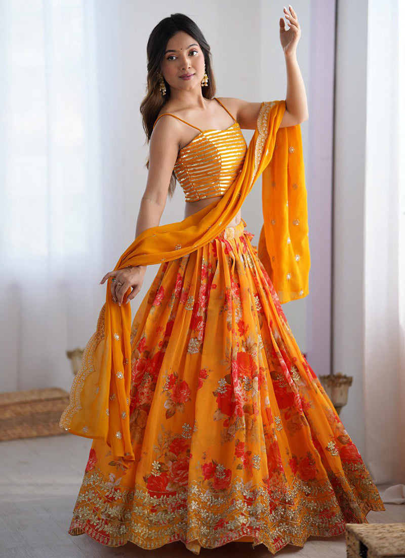Faux Georgette Mustard Festival Wear Printed Work Readymade Lehenga Choli 388680