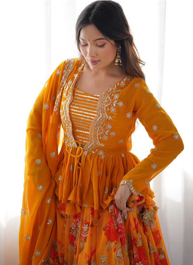 Faux Georgette Mustard Festival Wear Printed Work Readymade Lehenga Choli 388680