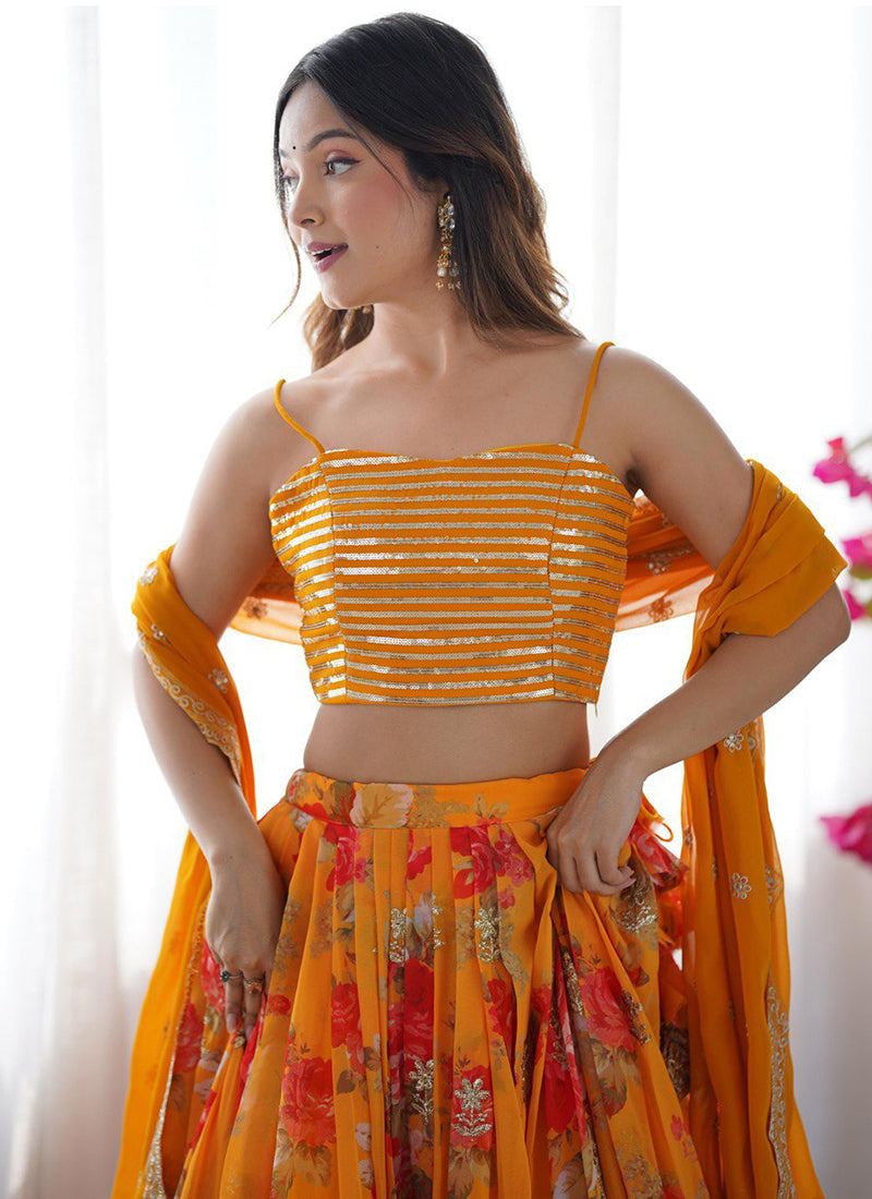 Faux Georgette Mustard Festival Wear Printed Work Readymade Lehenga Choli 388680
