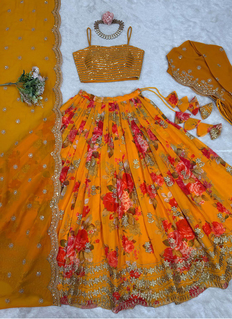 Faux Georgette Mustard Festival Wear Printed Work Readymade Lehenga Choli 388680