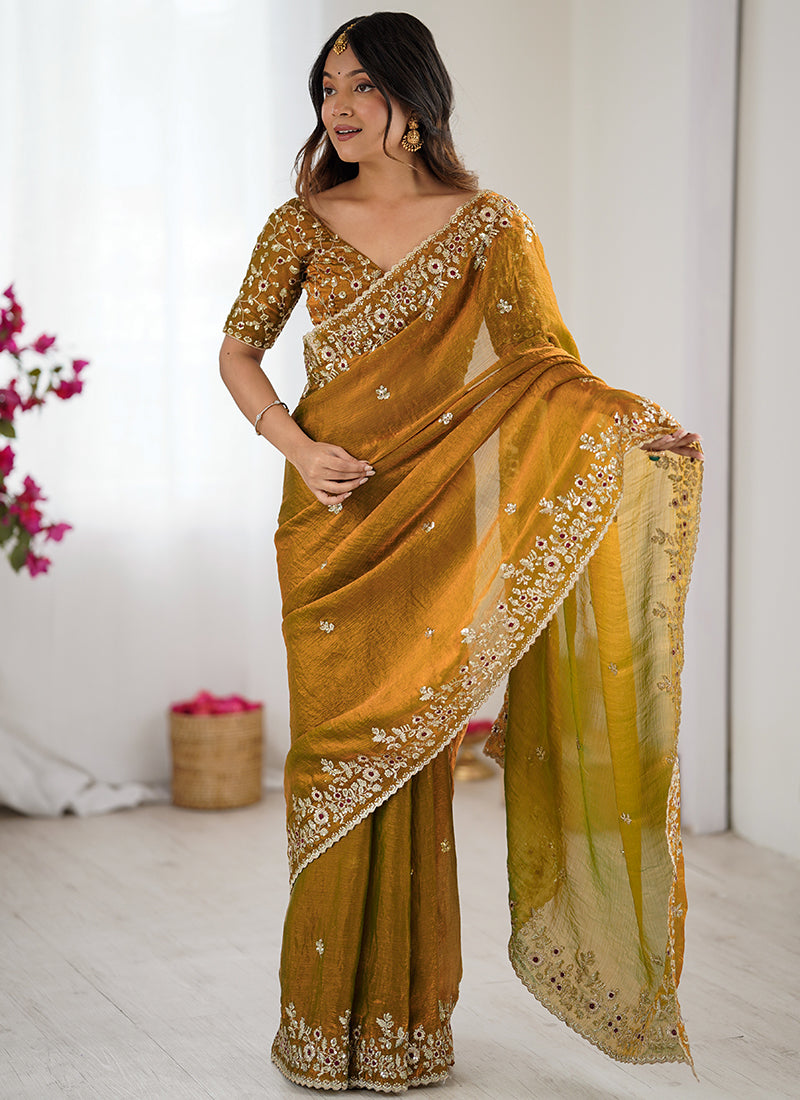 Fendy Chiffon Mustard Party Wear Sequins Embroidery Work Designer Saree 388711