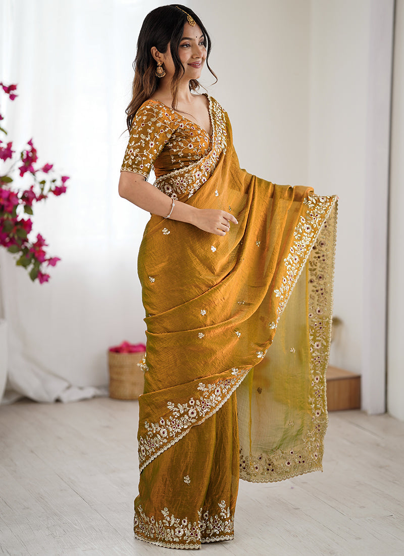 Fendy Chiffon Mustard Party Wear Sequins Embroidery Work Designer Saree 388711