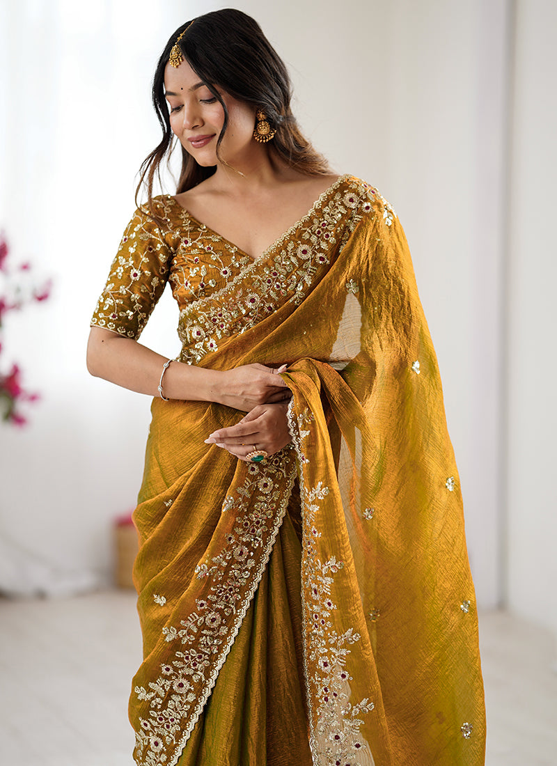 Fendy Chiffon Mustard Party Wear Sequins Embroidery Work Designer Saree 388711
