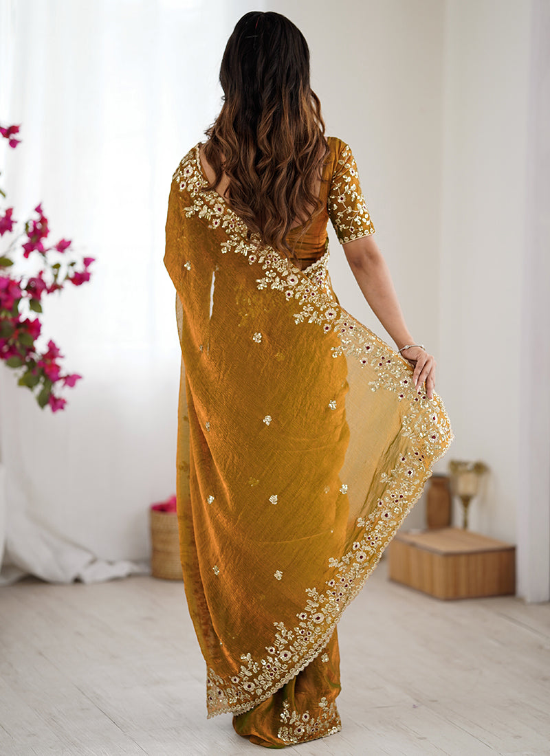 Fendy Chiffon Mustard Party Wear Sequins Embroidery Work Designer Saree 388711