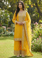 Mustard Fendy Silk Embroidery Work Occasional Wear Readymade Plazzo Suit SW517287