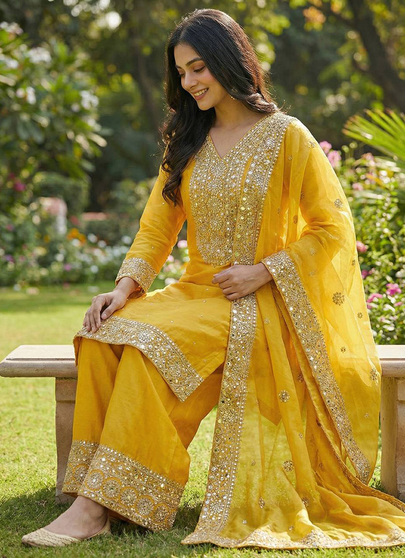 Mustard Fendy Silk Embroidery Work Occasional Wear Readymade Plazzo Suit SW517287
