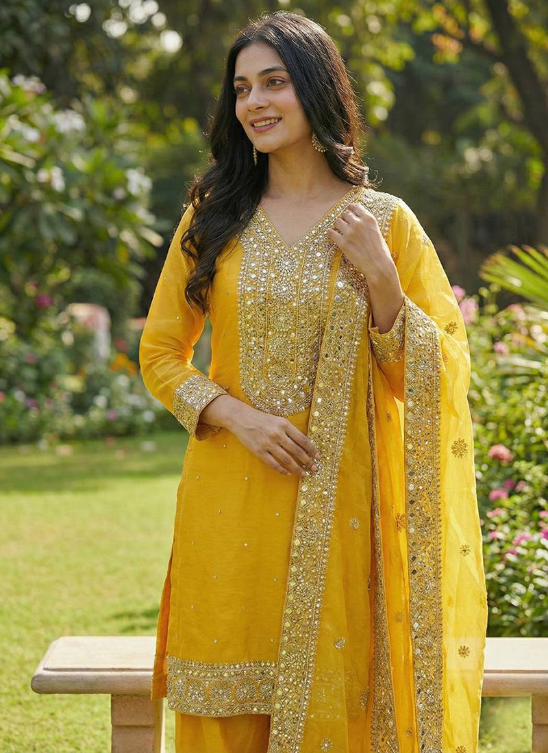 Mustard Fendy Silk Embroidery Work Occasional Wear Readymade Plazzo Suit SW517287